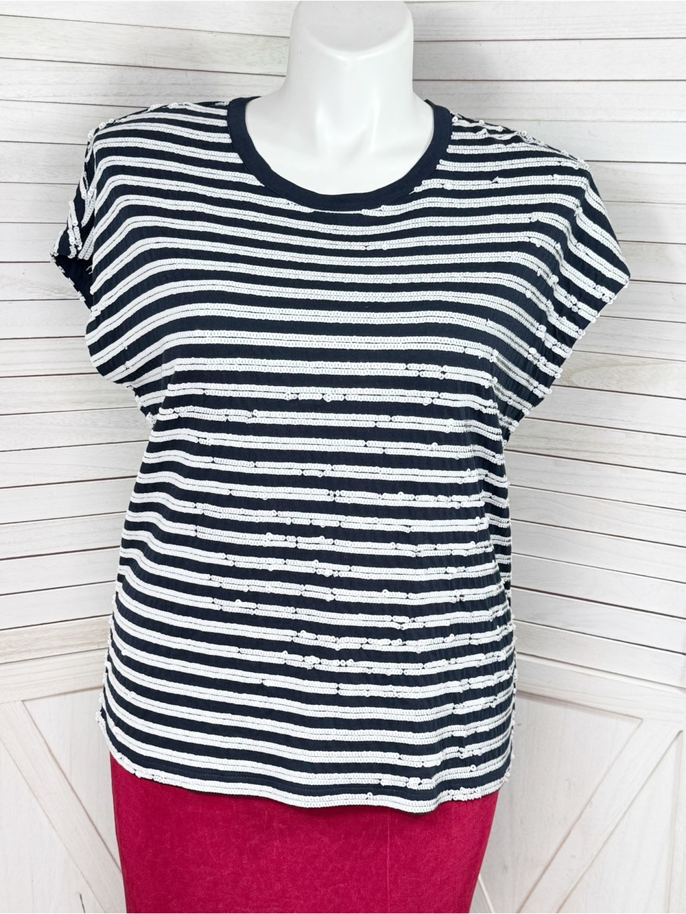 Lauren Ralph Lauren Sequin Striped Cap Sleeve Top Blue White Large Nautical